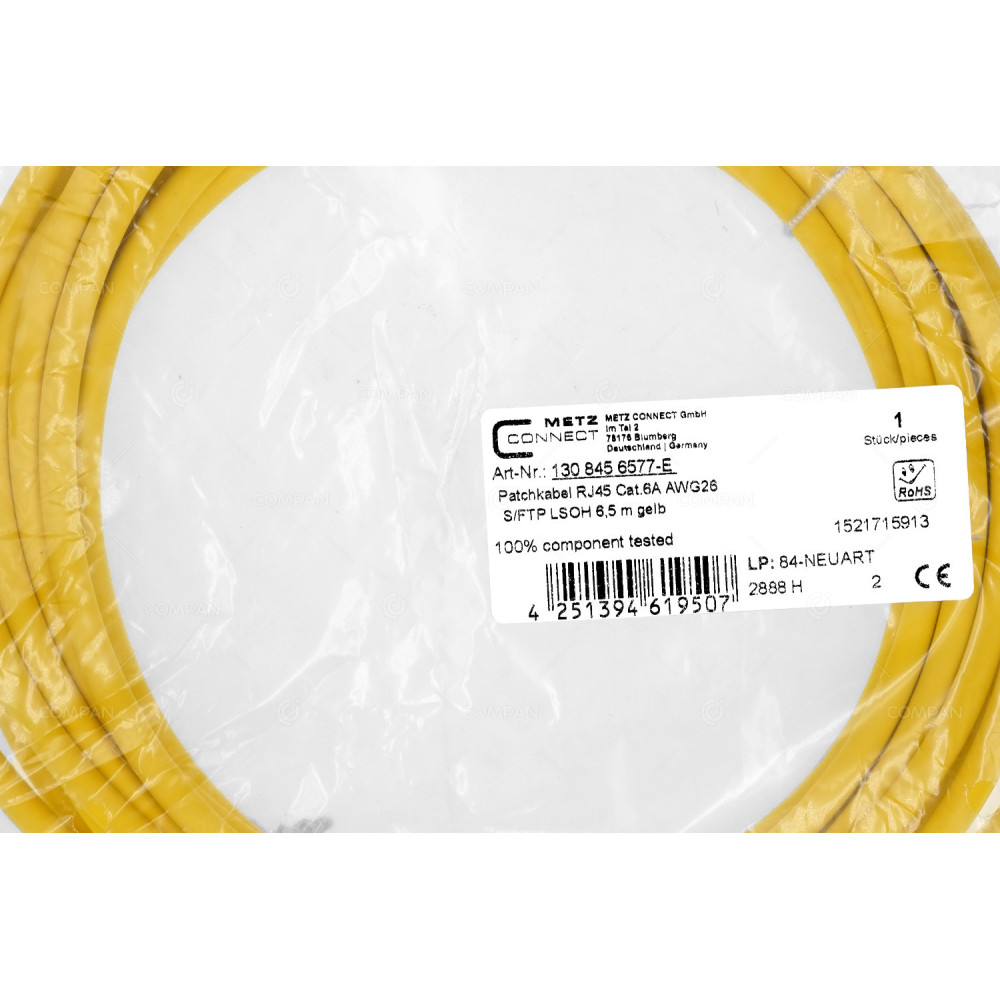 4251394619507 METZ CONNECT PATCHCORD RJ45 CAT.6A AWG26 6.5M YELLOW